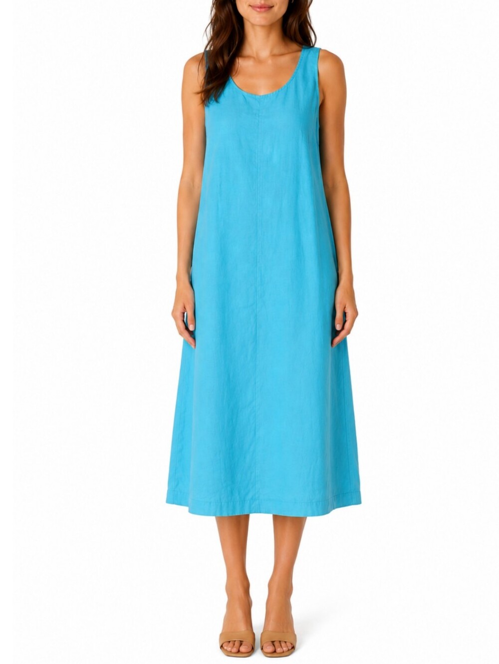 J. Jill 100% Linen Midi Dress Size Large Turquoise Blue Coastal Chic NWOT